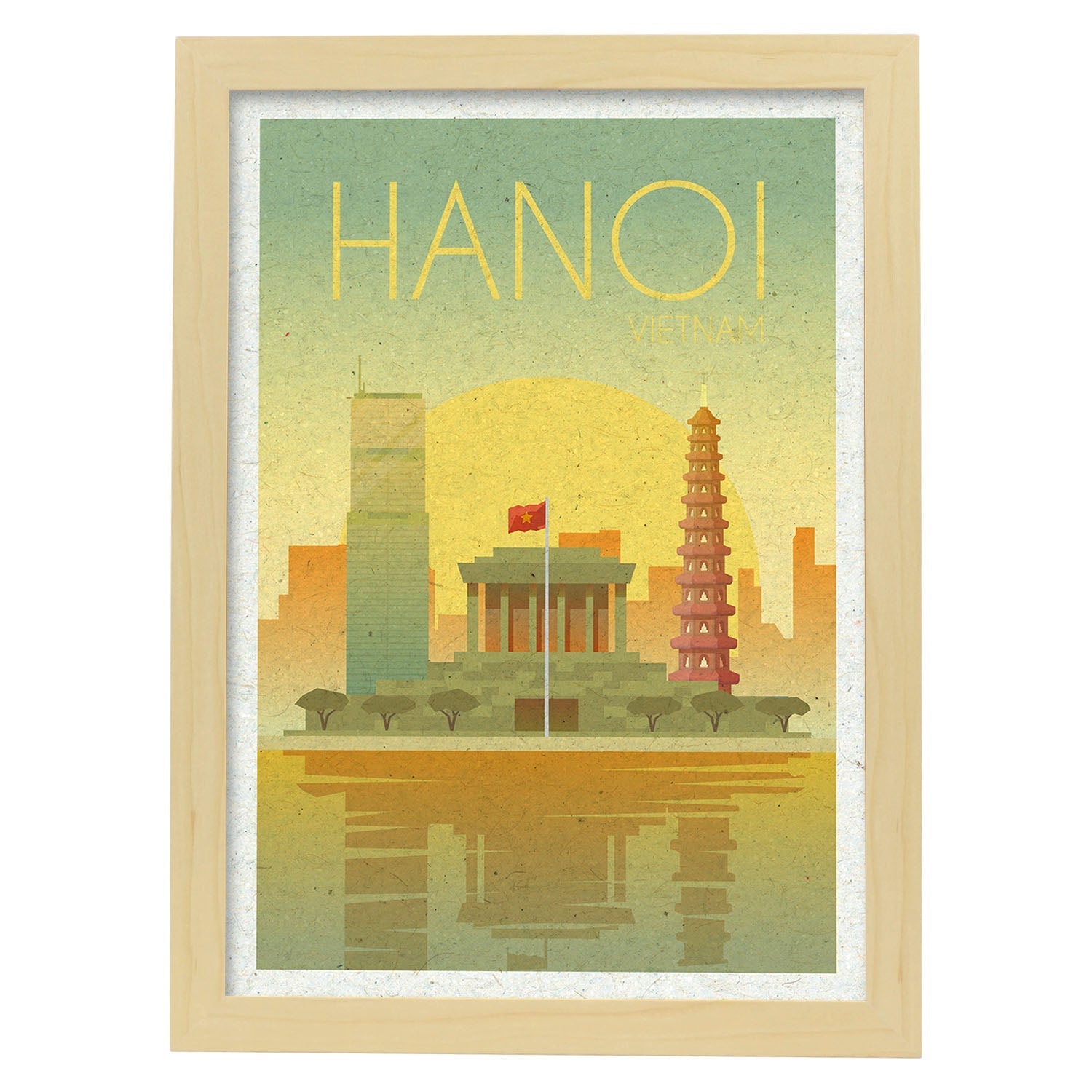 Lámina de Hanoi. Estilo vintage. Poster ciudad en colores. Anuncio Hanoi-Artwork-Nacnic-A4-Marco Madera clara-Nacnic Estudio SL