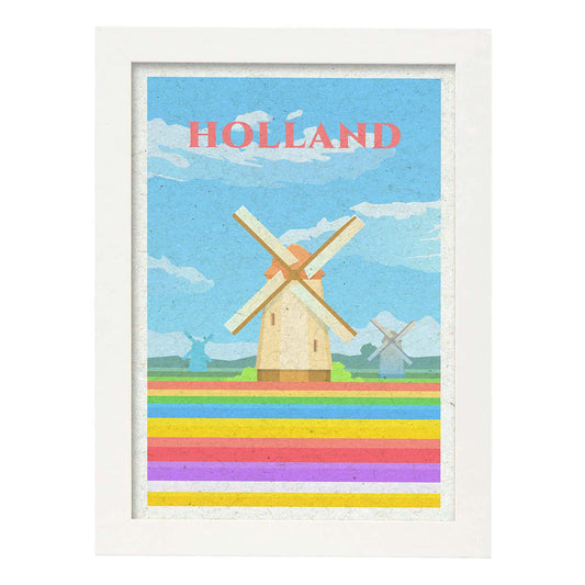 Lámina de Holanda. Estilo vintage. Poster molino en colores. Anuncio Holanda-Artwork-Nacnic-A4-Marco Blanco-Nacnic Estudio SL