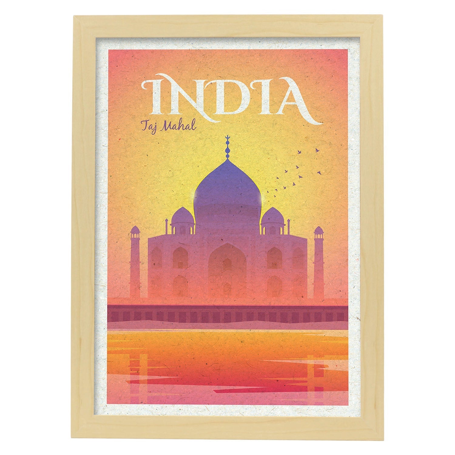 Lámina de India. Estilo vintage. Poster del Taj Mahal en colores. Anuncio India-Artwork-Nacnic-A3-Marco Madera clara-Nacnic Estudio SL