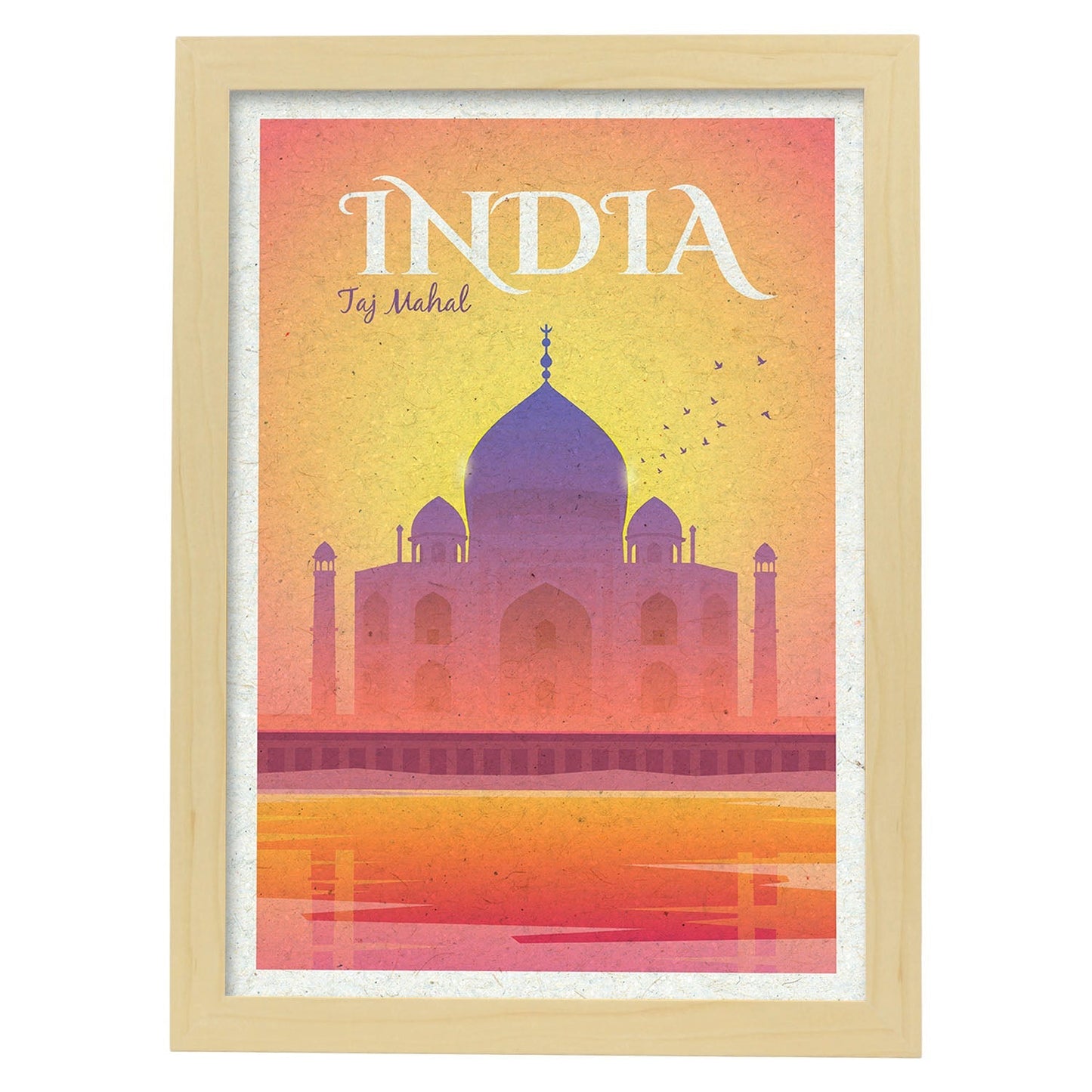Lámina de India. Estilo vintage. Poster del Taj Mahal en colores. Anuncio India-Artwork-Nacnic-A4-Marco Madera clara-Nacnic Estudio SL