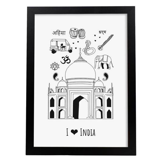 Lámina de India. Pósters de países y ciudades del mundo. Imágenes de monumentos y viajes.-Artwork-Nacnic-A4-Marco Negro-Nacnic Estudio SL