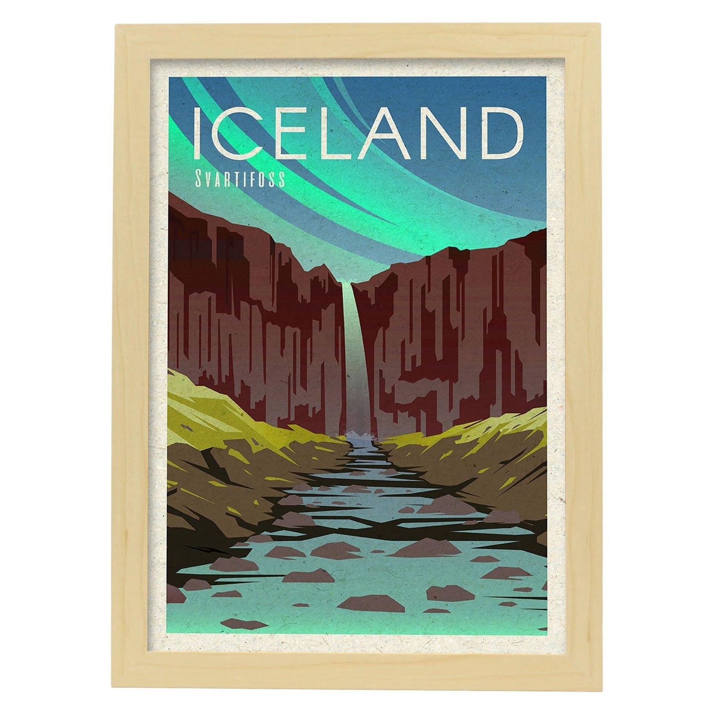 Lámina de Islandia. Estilo vintage. Poster ciudad en colores. Anuncio Islandia-Artwork-Nacnic-A4-Marco Madera clara-Nacnic Estudio SL