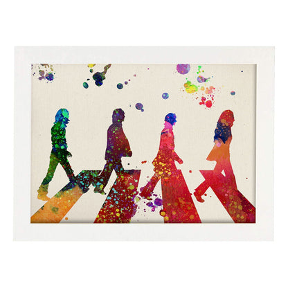 Lámina de la banda de música The Beatles (paso de cebra) en . Poster estilo explosión de color. Lámina de papel 250 gr.-Artwork-Nacnic-A4-Marco Blanco-Nacnic Estudio SL