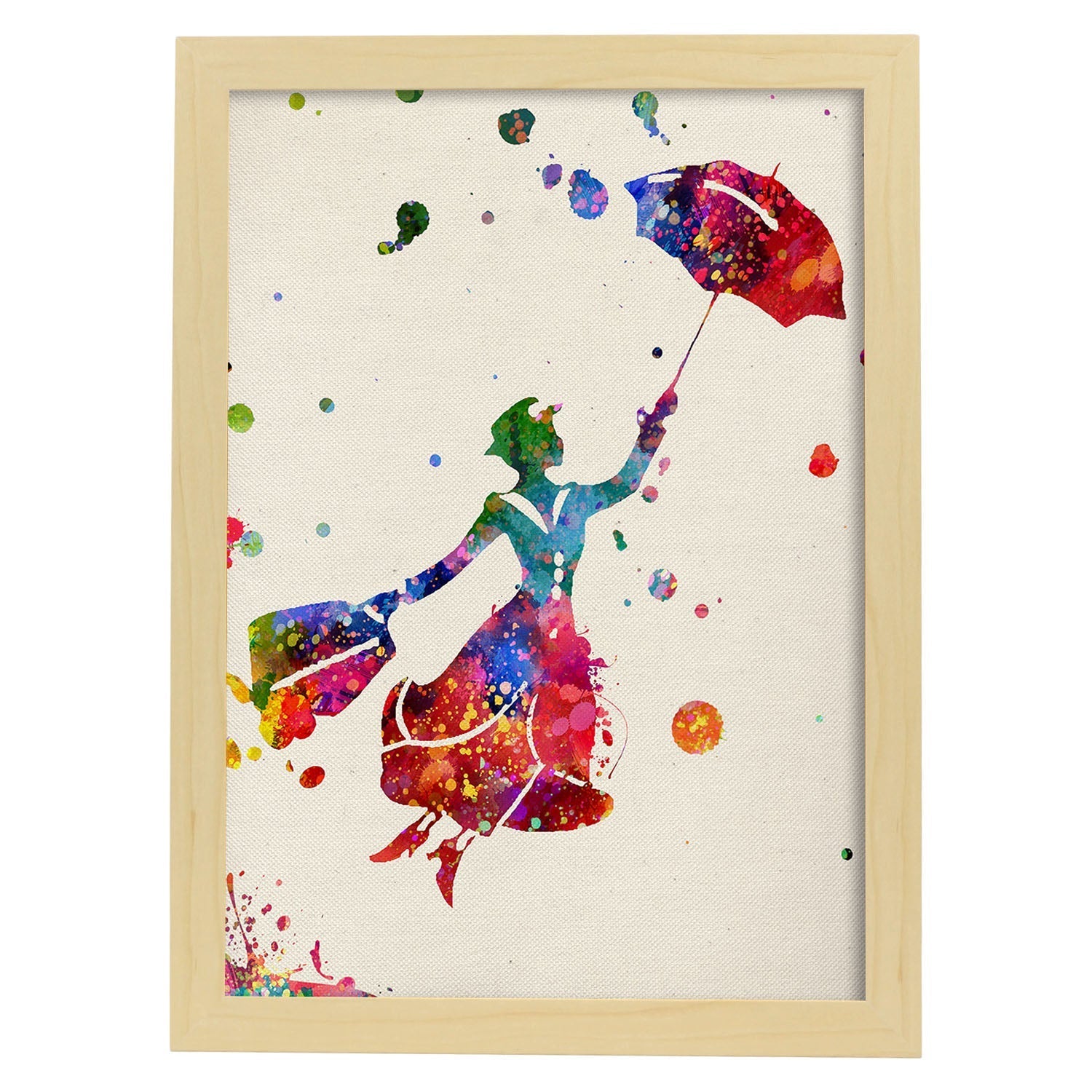 Lámina de la famosa pelicula Mary Poppins (volando) en Poster estilo explosión de color . Papel 250 gr.-Artwork-Nacnic-A3-Marco Madera clara-Nacnic Estudio SL