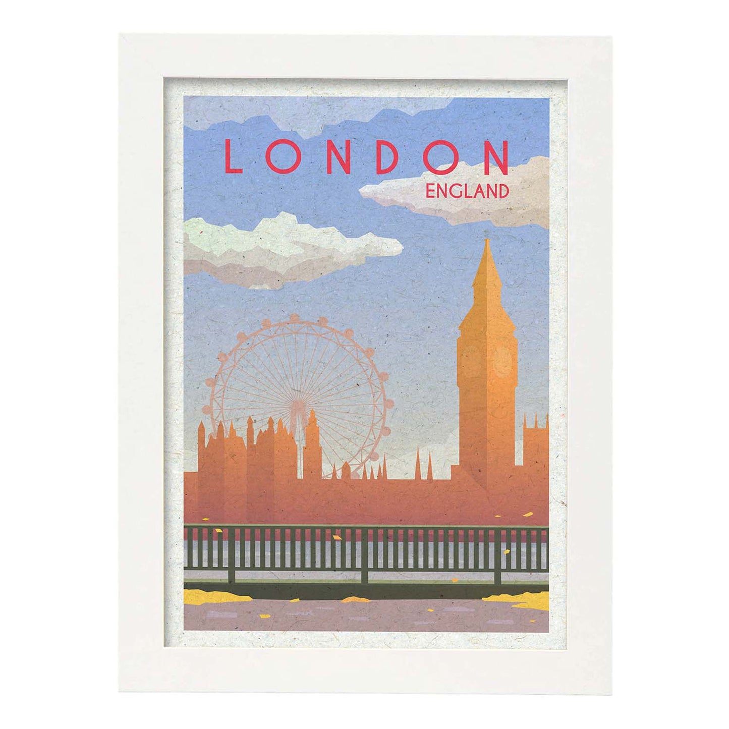 Lámina de Londres. Estilo vintage. Poster Big Ben y ojo de Londres en colores. Anuncio Londres-Artwork-Nacnic-A3-Marco Blanco-Nacnic Estudio SL