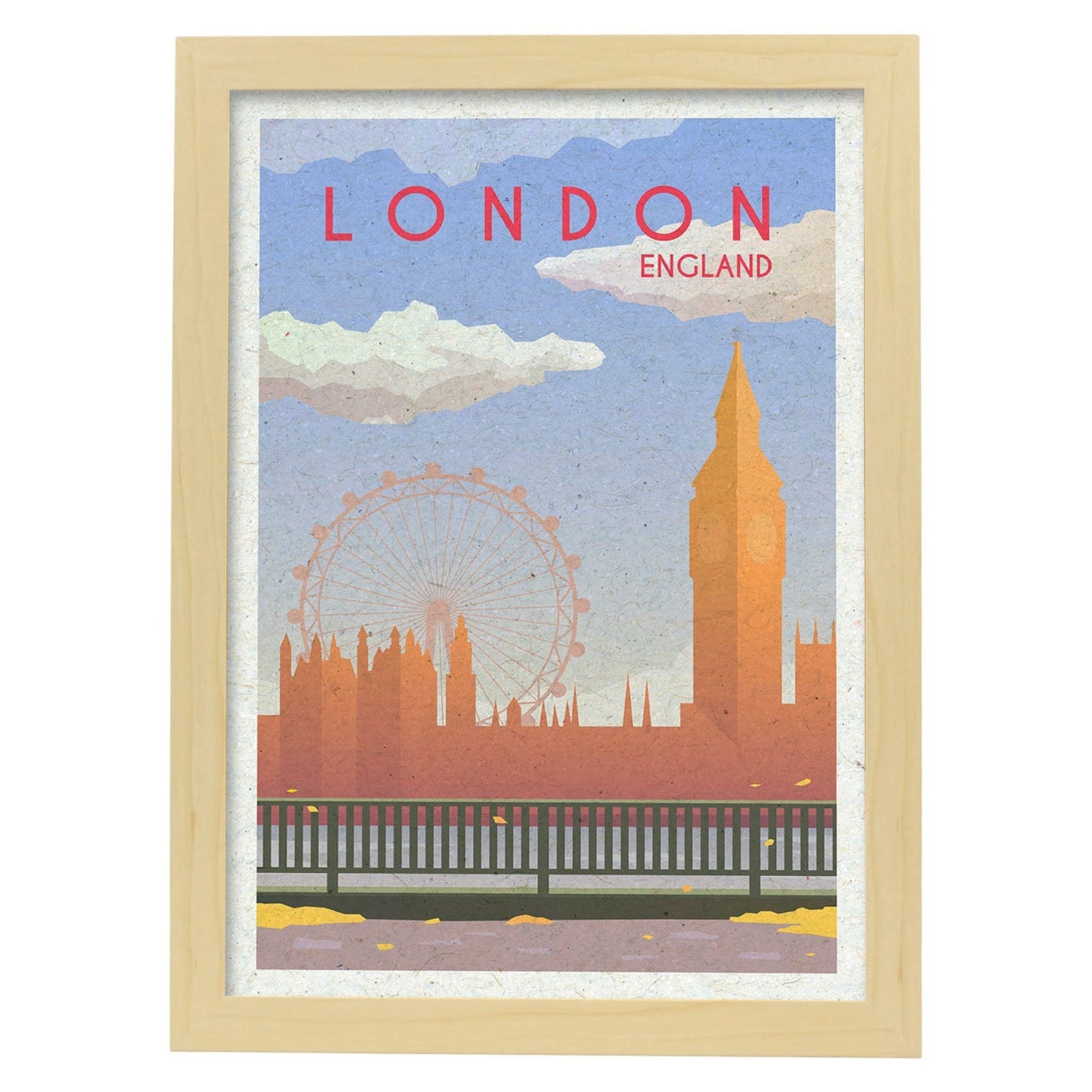 Lámina de Londres. Estilo vintage. Poster Big Ben y ojo de Londres en colores. Anuncio Londres-Artwork-Nacnic-A3-Marco Madera clara-Nacnic Estudio SL