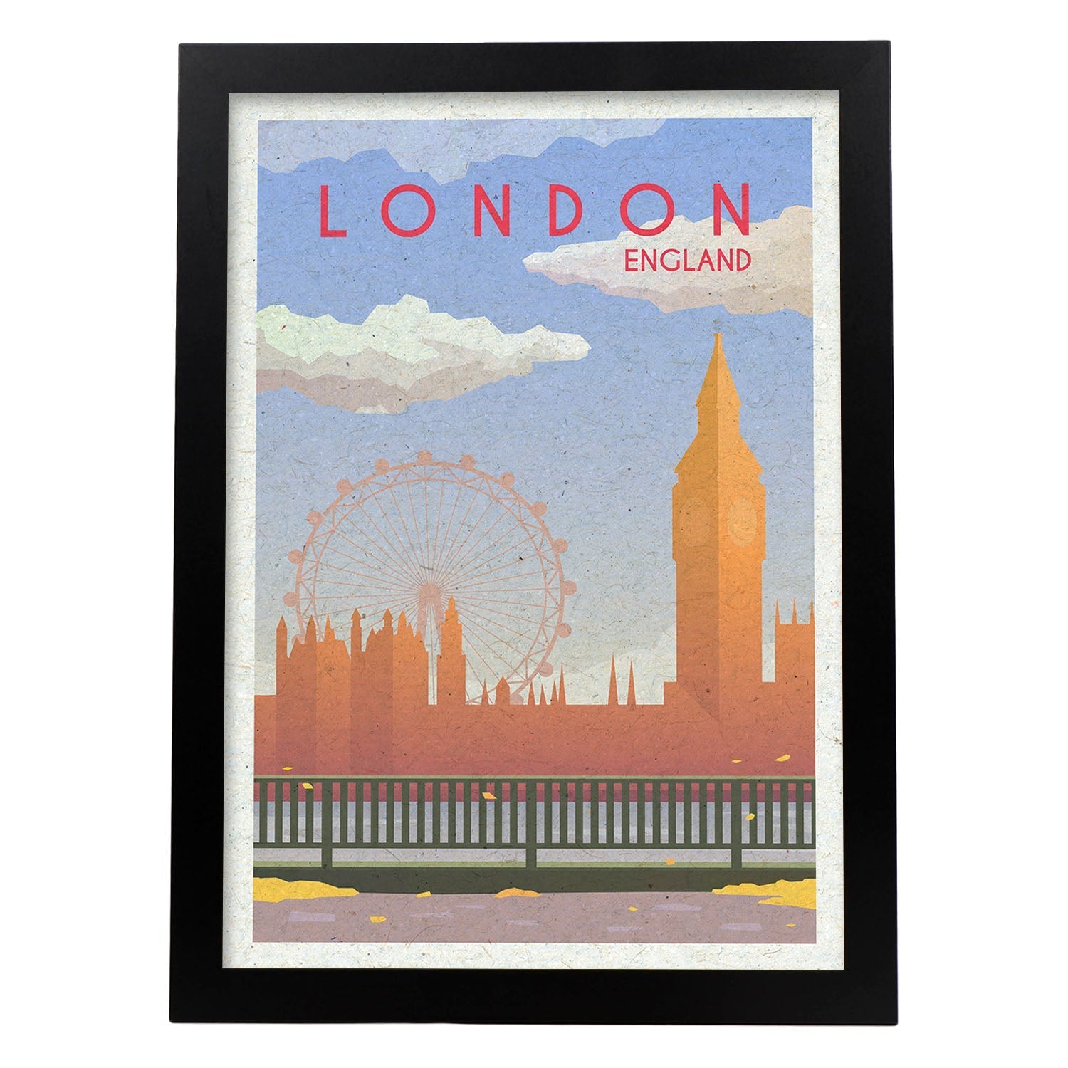 Lámina de Londres. Estilo vintage. Poster Big Ben y ojo de Londres en colores. Anuncio Londres-Artwork-Nacnic-A3-Marco Negro-Nacnic Estudio SL