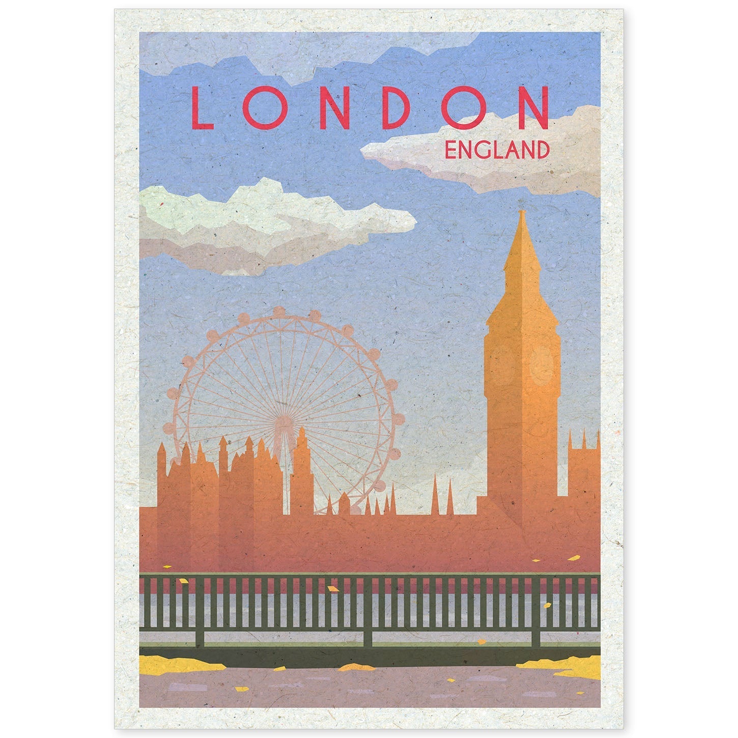 Lámina de Londres. Estilo vintage. Poster Big Ben y ojo de Londres en colores. Anuncio Londres-Artwork-Nacnic-A4-Sin marco-Nacnic Estudio SL