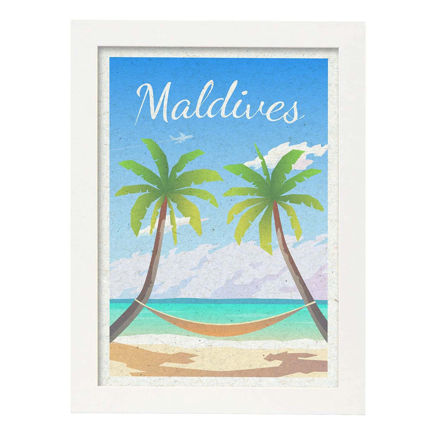 Lámina de Maldivas. Estilo vintage. Poster ciudad en colores. Anuncio Maldivas-Artwork-Nacnic-A4-Marco Blanco-Nacnic Estudio SL