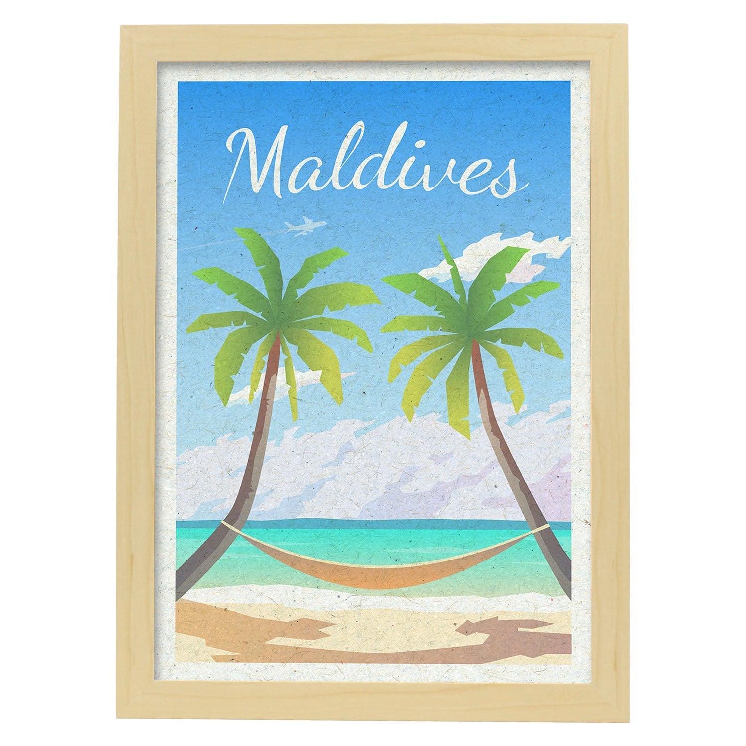 Lámina de Maldivas. Estilo vintage. Poster ciudad en colores. Anuncio Maldivas-Artwork-Nacnic-A4-Marco Madera clara-Nacnic Estudio SL