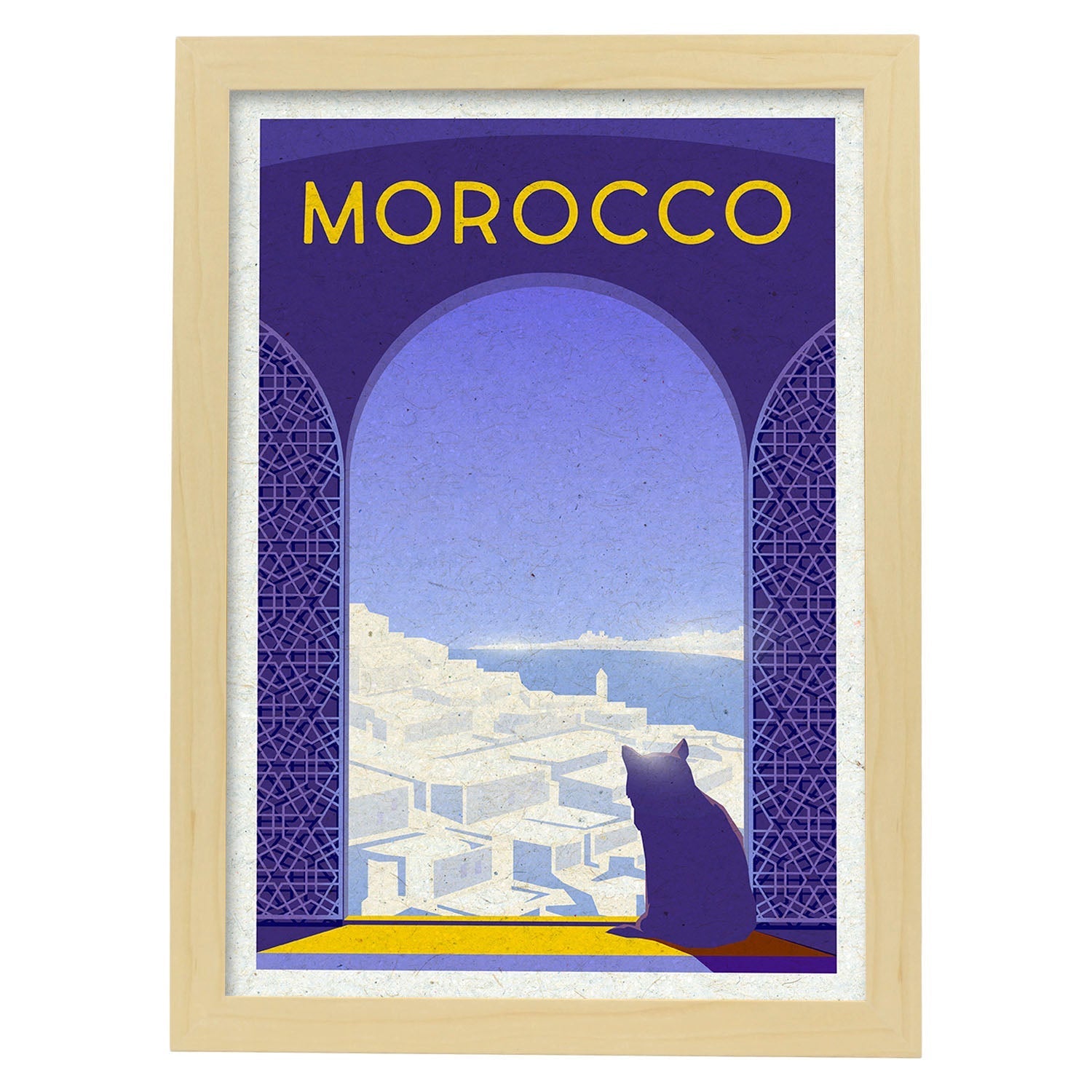 Lámina de Marruecos. Estilo vintage. Poster ciudad en colores. Anuncio Marruecos-Artwork-Nacnic-A4-Marco Madera clara-Nacnic Estudio SL