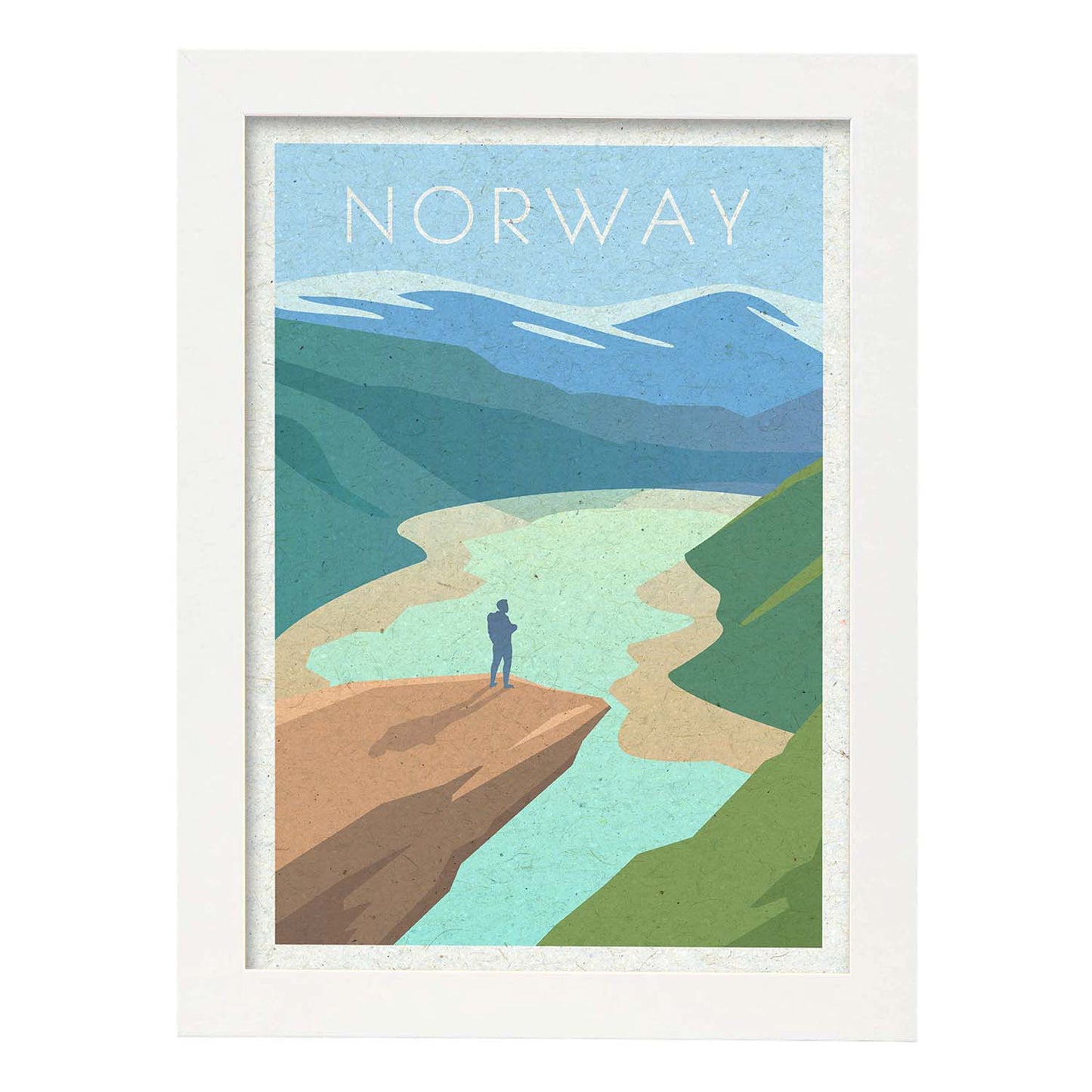 Lámina de Noruega. Estilo vintage. Poster fiordo en colores. Anuncio Noruega-Artwork-Nacnic-A4-Marco Blanco-Nacnic Estudio SL