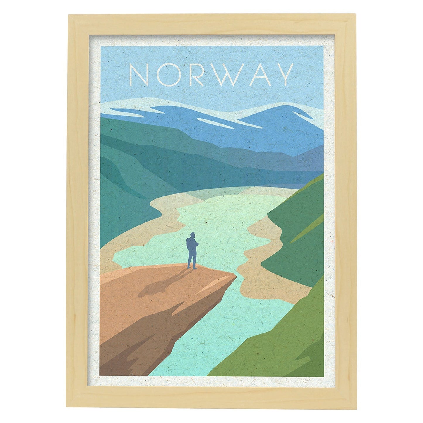 Lámina de Noruega. Estilo vintage. Poster fiordo en colores. Anuncio Noruega-Artwork-Nacnic-A3-Marco Madera clara-Nacnic Estudio SL