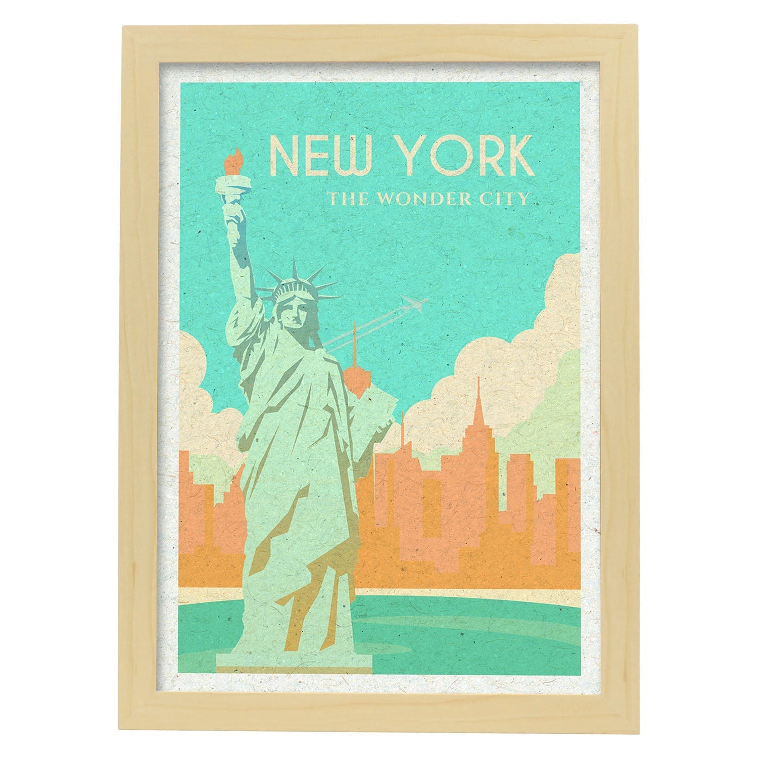 Lámina de Nueva York. Estilo vintage. Poster estatua de la libertad en colores. Anuncio Estados Unidos-Artwork-Nacnic-A3-Marco Madera clara-Nacnic Estudio SL