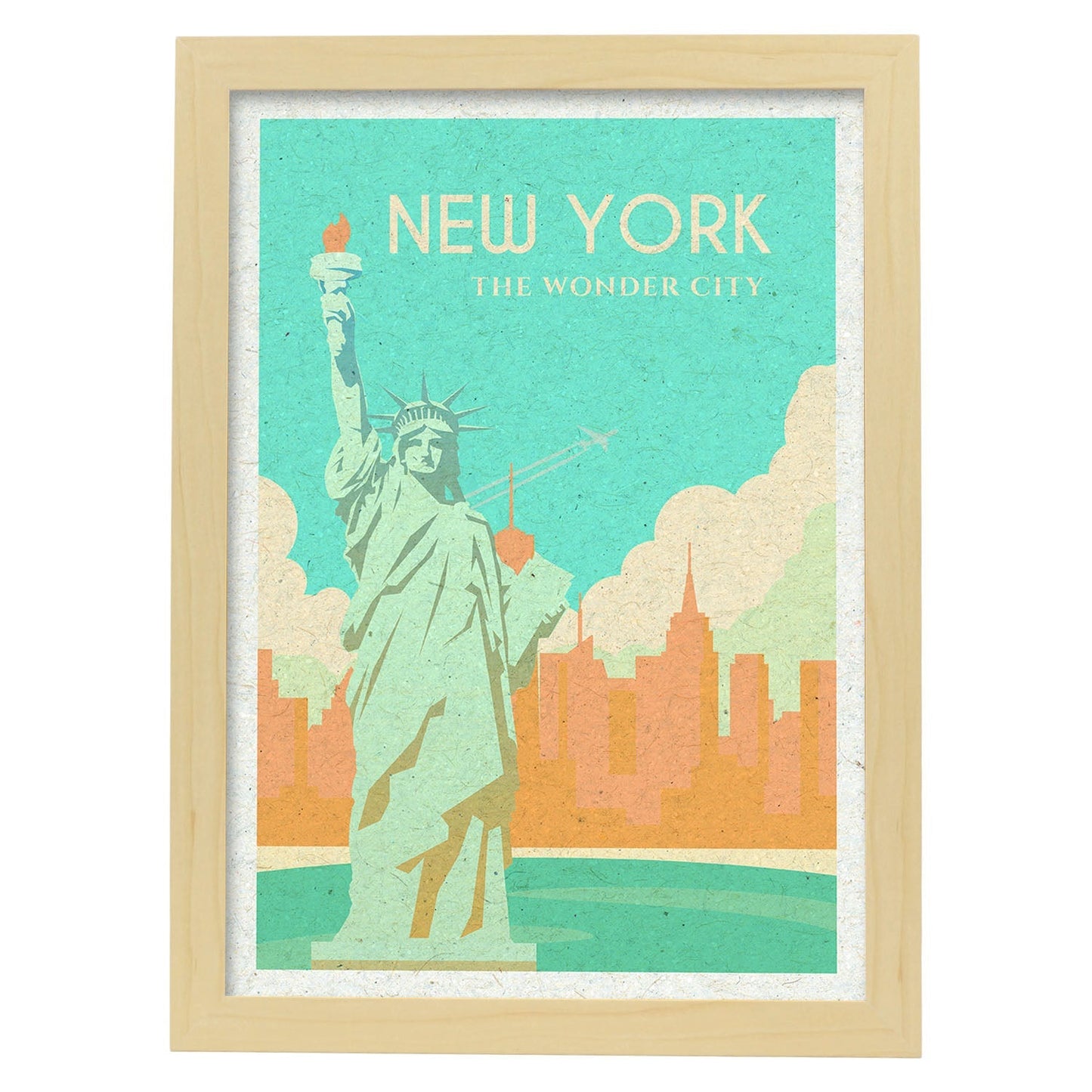 Lámina de Nueva York. Estilo vintage. Poster estatua de la libertad en colores. Anuncio Estados Unidos-Artwork-Nacnic-A4-Marco Madera clara-Nacnic Estudio SL