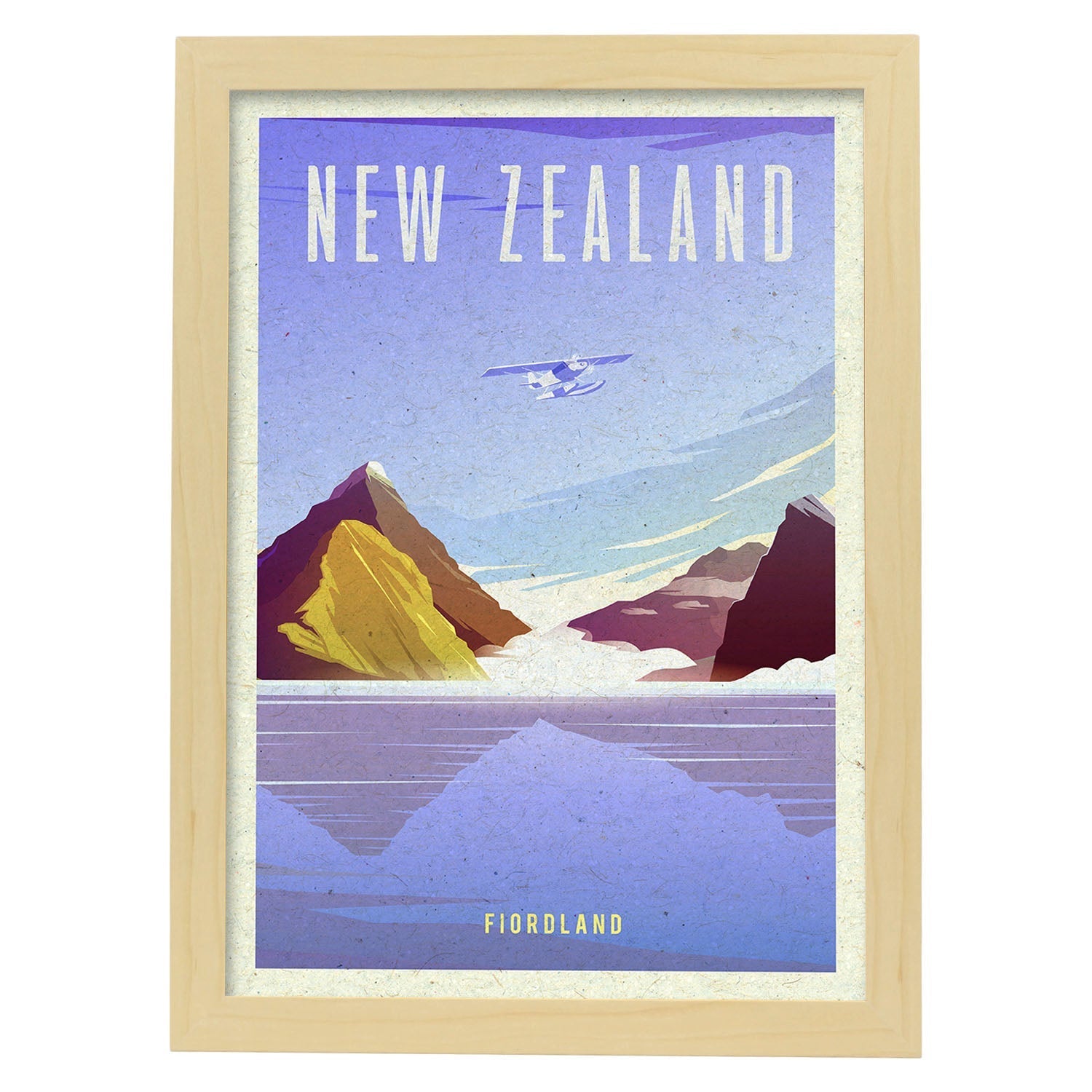 Lámina de Nueva Zelanda. Estilo vintage. Poster ciudad en colores. Anuncio Nueva Zelanda-Artwork-Nacnic-A3-Marco Madera clara-Nacnic Estudio SL