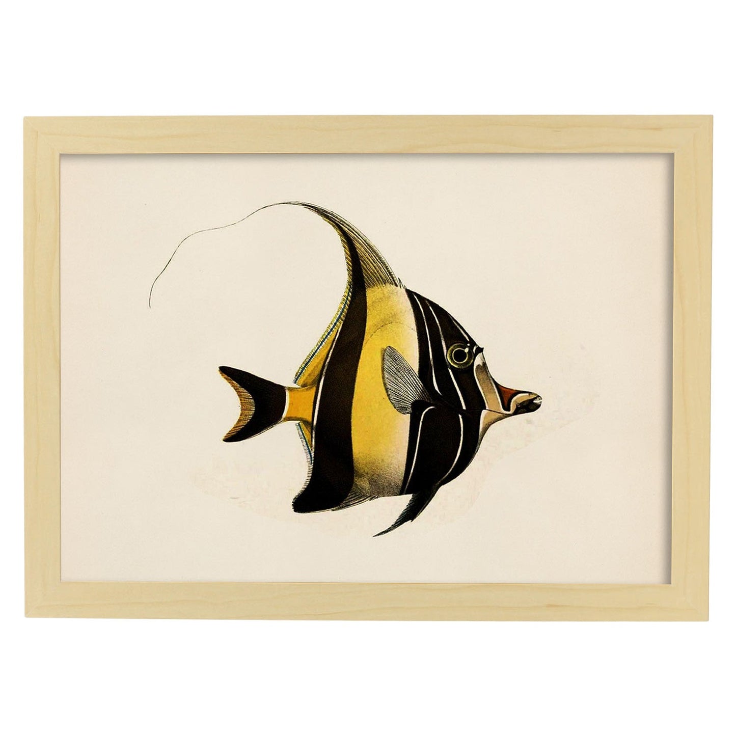 Lámina de pez lineas amarillas y negras en , fondo papel vintage.-Artwork-Nacnic-A4-Marco Madera clara-Nacnic Estudio SL