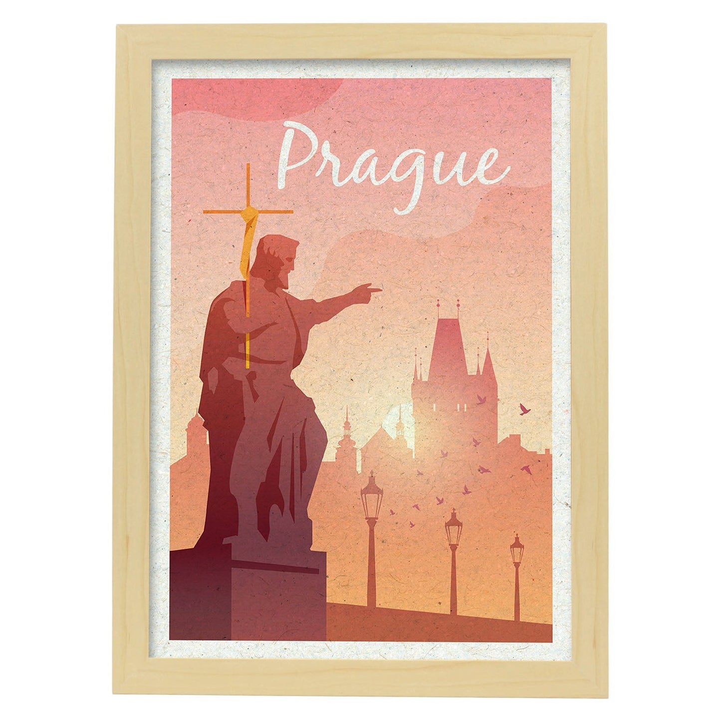Lámina de Praga. Estilo vintage. Poster ciudad en colores. Anuncio Praga-Artwork-Nacnic-A3-Marco Madera clara-Nacnic Estudio SL