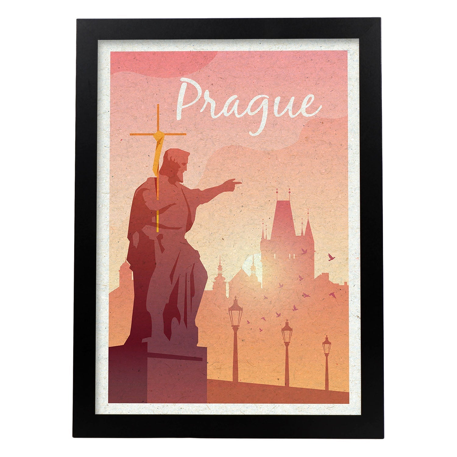 Lámina de Praga. Estilo vintage. Poster ciudad en colores. Anuncio Praga-Artwork-Nacnic-A3-Marco Negro-Nacnic Estudio SL