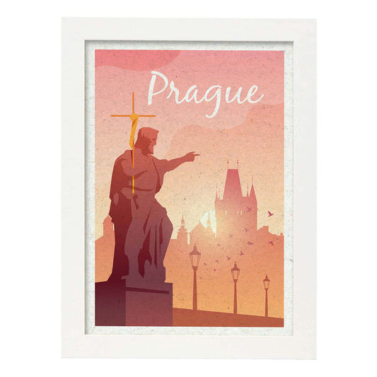 Lámina de Praga. Estilo vintage. Poster ciudad en colores. Anuncio Praga-Artwork-Nacnic-A4-Marco Blanco-Nacnic Estudio SL