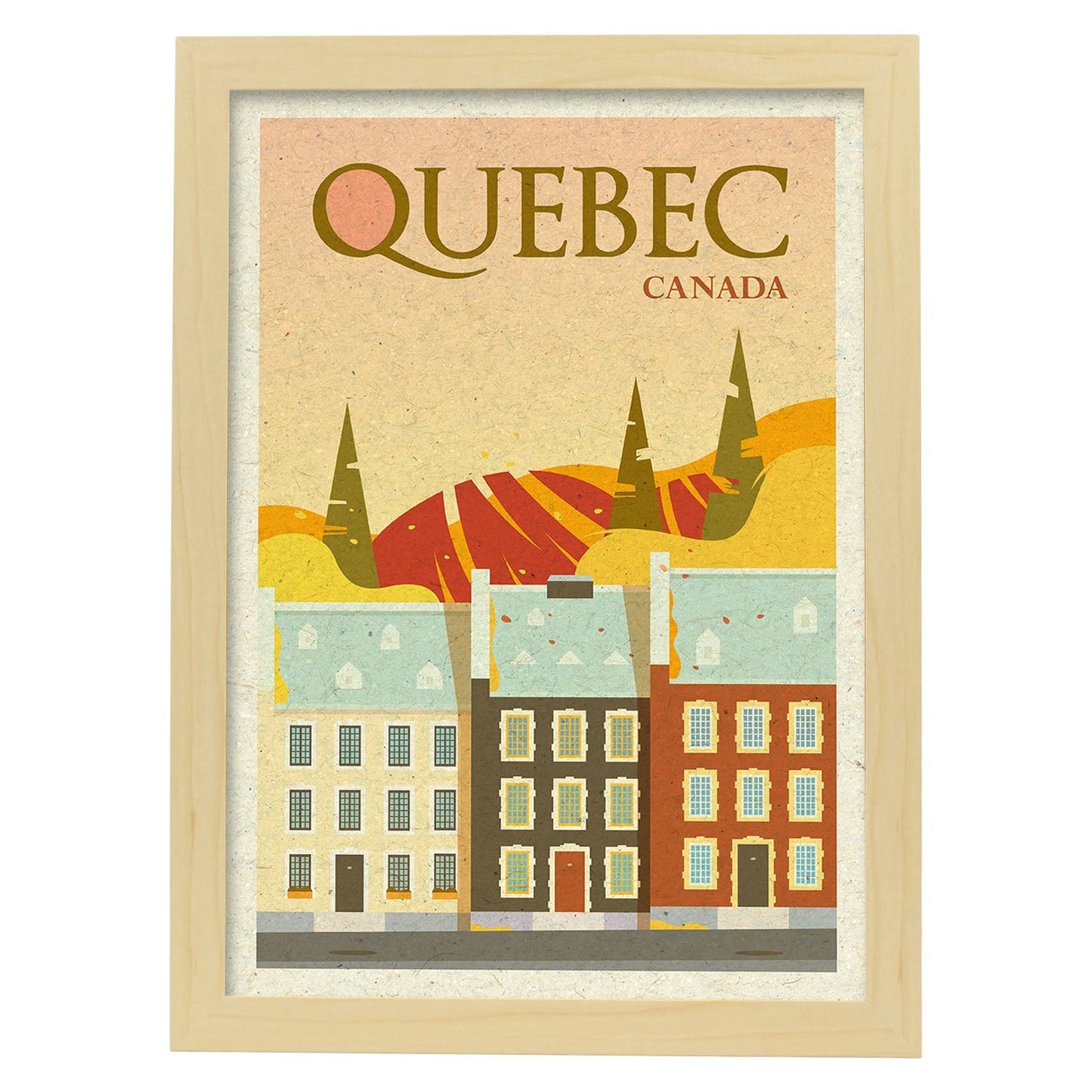 Lámina de Quebec. Estilo vintage. Poster ciudad en colores. Anuncio Quebec-Artwork-Nacnic-A4-Marco Madera clara-Nacnic Estudio SL