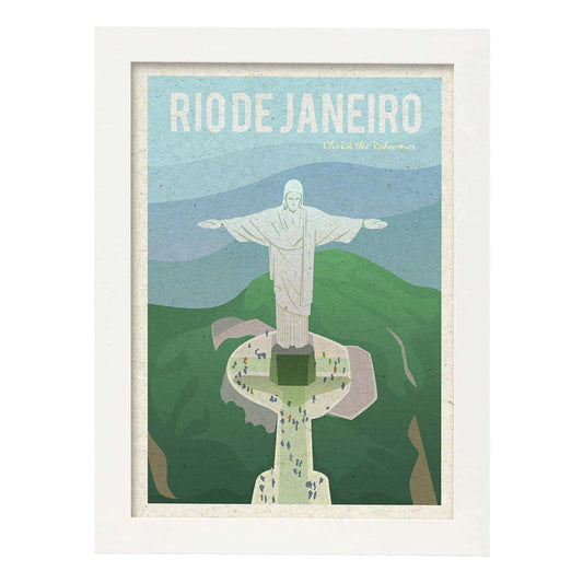 Lámina de Rio de Janeiro. Estilo vintage. Poster Cristo Redentor en colores. Anuncio Rio de Janeiro-Artwork-Nacnic-A4-Marco Blanco-Nacnic Estudio SL