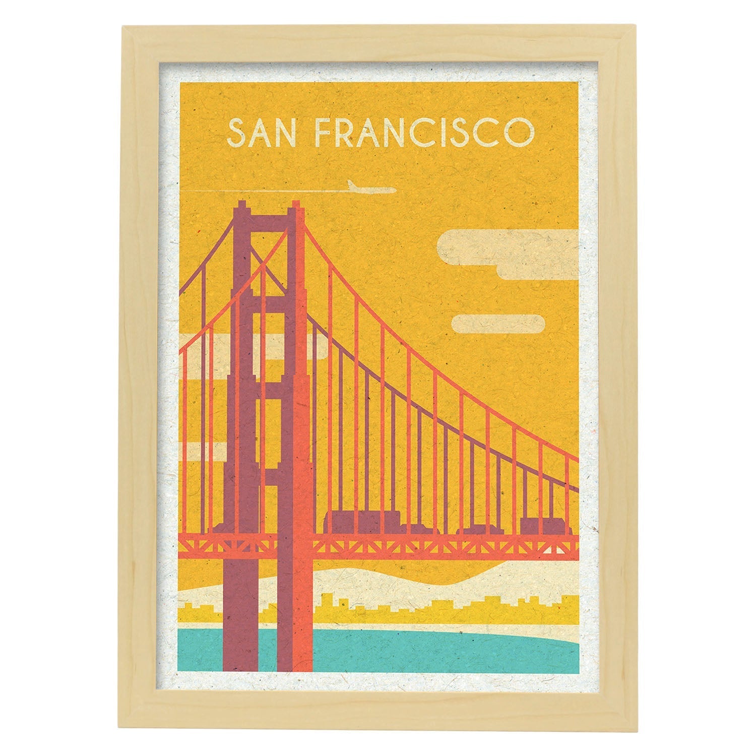 Lámina de San Francisco. Estilo vintage. Poster puente Golden Gate en colores. Anuncio Estados Unidos-Artwork-Nacnic-A3-Marco Madera clara-Nacnic Estudio SL