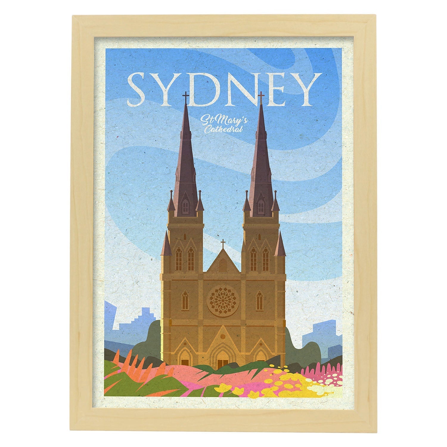 Lámina de Sydney Iglesia. Estilo vintage. Poster iglesia en colores. Anuncio Sydney Iglesia-Artwork-Nacnic-A3-Marco Madera clara-Nacnic Estudio SL