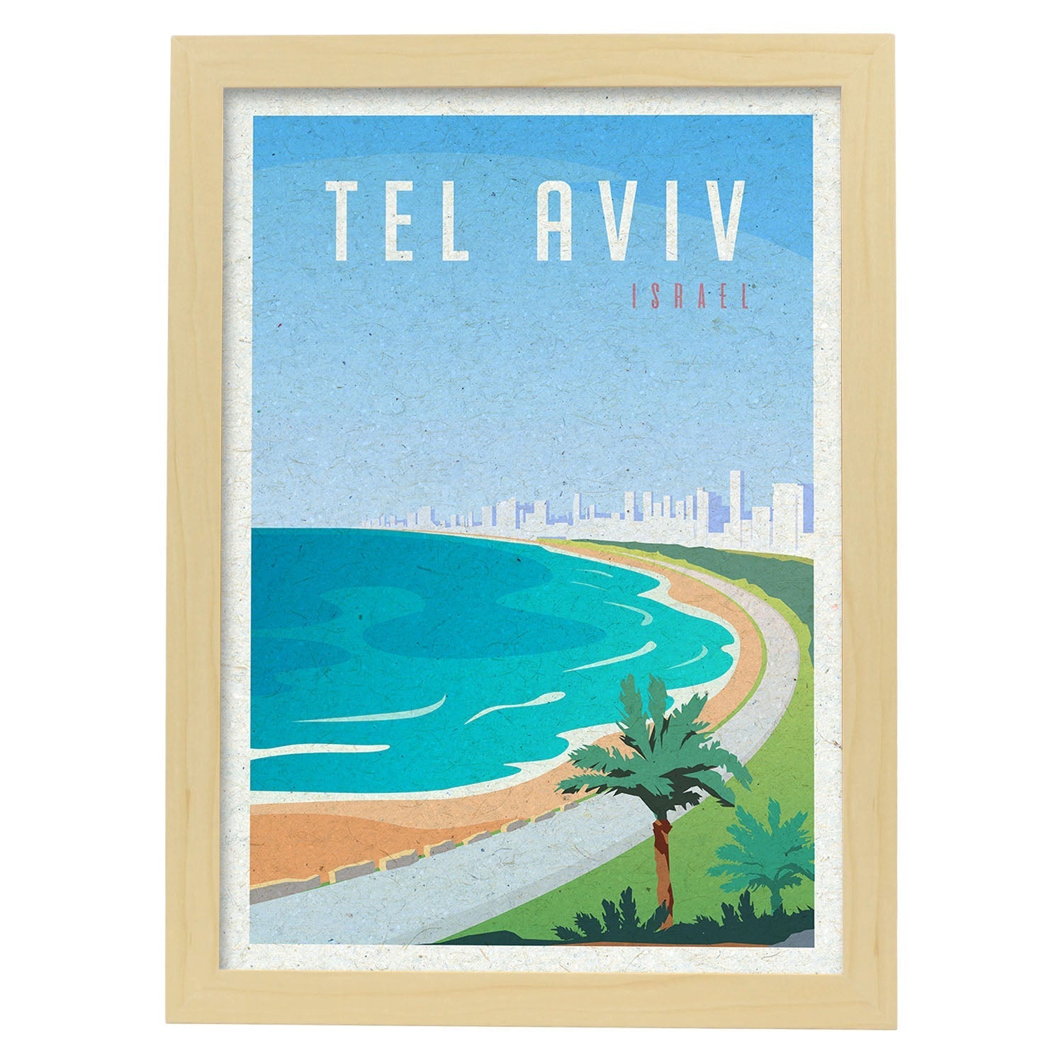Lámina de Tel Aviv. Estilo vintage. Poster ciudad en colores. Anuncio Israel-Artwork-Nacnic-A3-Marco Madera clara-Nacnic Estudio SL