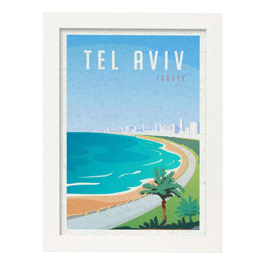 Lámina de Tel Aviv. Estilo vintage. Poster ciudad en colores. Anuncio Israel-Artwork-Nacnic-A4-Marco Blanco-Nacnic Estudio SL