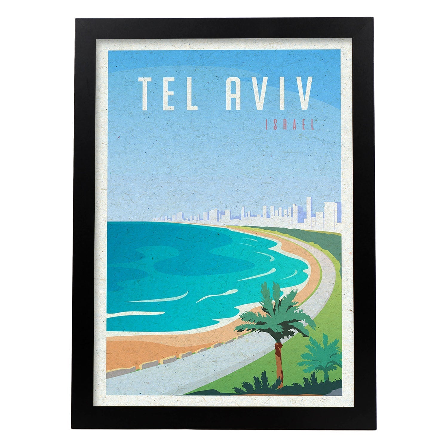 Lámina de Tel Aviv. Estilo vintage. Poster ciudad en colores. Anuncio Israel-Artwork-Nacnic-A4-Marco Negro-Nacnic Estudio SL
