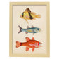Lámina de tres peces amariilo y marron azul y rojo en , fondo papel vintage.-Artwork-Nacnic-A4-Marco Madera clara-Nacnic Estudio SL