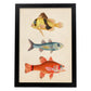 Lámina de tres peces amariilo y marron azul y rojo en , fondo papel vintage.-Artwork-Nacnic-A4-Marco Negro-Nacnic Estudio SL