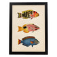 Lámina de tres peces amarillo, naranja, rojo rosa y azul en , fondo papel vintage.-Artwork-Nacnic-A4-Marco Negro-Nacnic Estudio SL