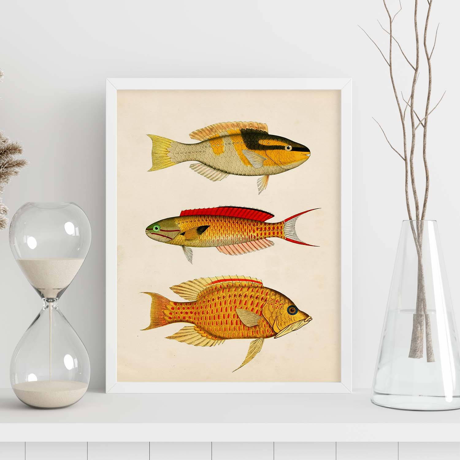 Lámina de tres peces amarillo, negro, rojo y naranja en , fondo papel vintage.-Artwork-Nacnic-Nacnic Estudio SL