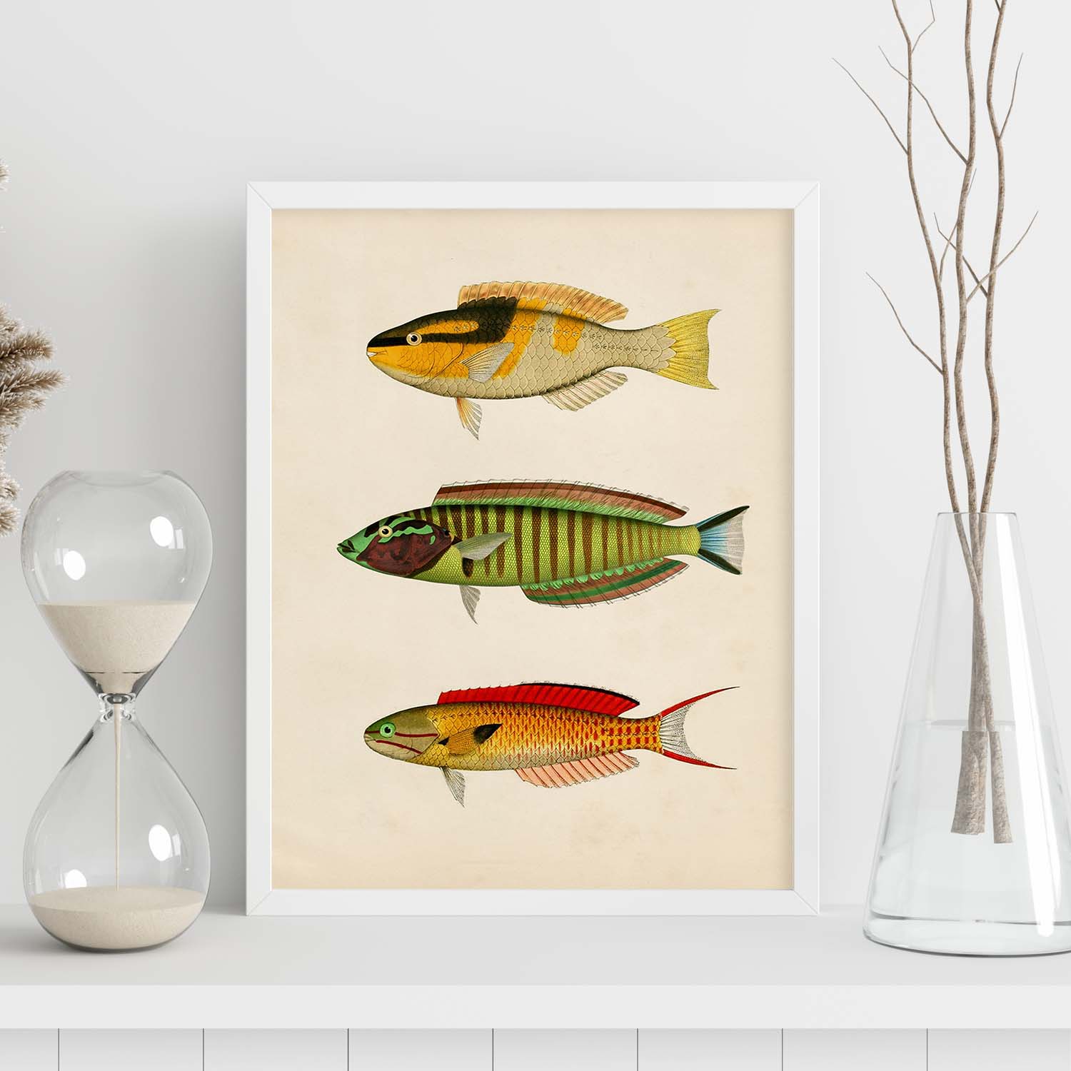 Lámina de tres peces amarillo, negro, verde, rojo, azul y naranja en , fondo papel vintage.-Artwork-Nacnic-Nacnic Estudio SL
