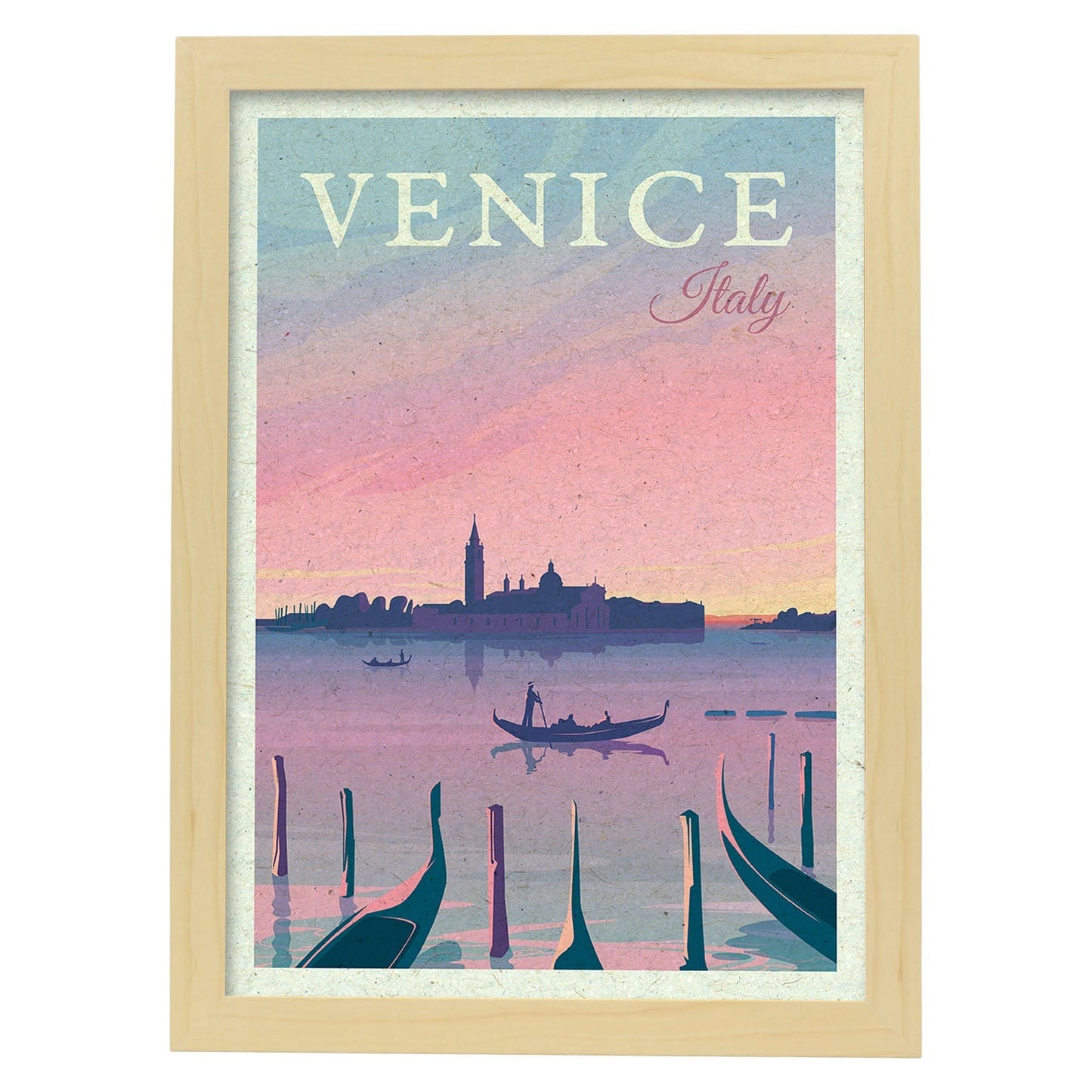 Lámina de Venecia. Estilo vintage. Poster ciudad en colores. Anuncio Italia-Artwork-Nacnic-A3-Marco Madera clara-Nacnic Estudio SL