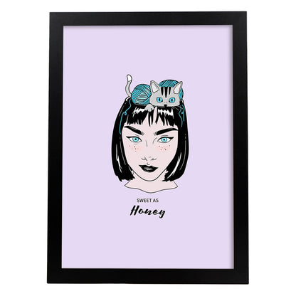 Lámina Dulce como la miel. Pósters con ilustraciones artísticas de cabezas de mujer.-Artwork-Nacnic-A4-Marco Negro-Nacnic Estudio SL