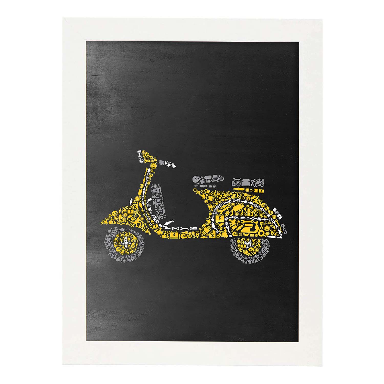 Lámina en amarillo y gris Vespa amarilla en Poster con fondo negro estilo pizarra. Papel 250 gr-Artwork-Nacnic-A3-Marco Blanco-Nacnic Estudio SL