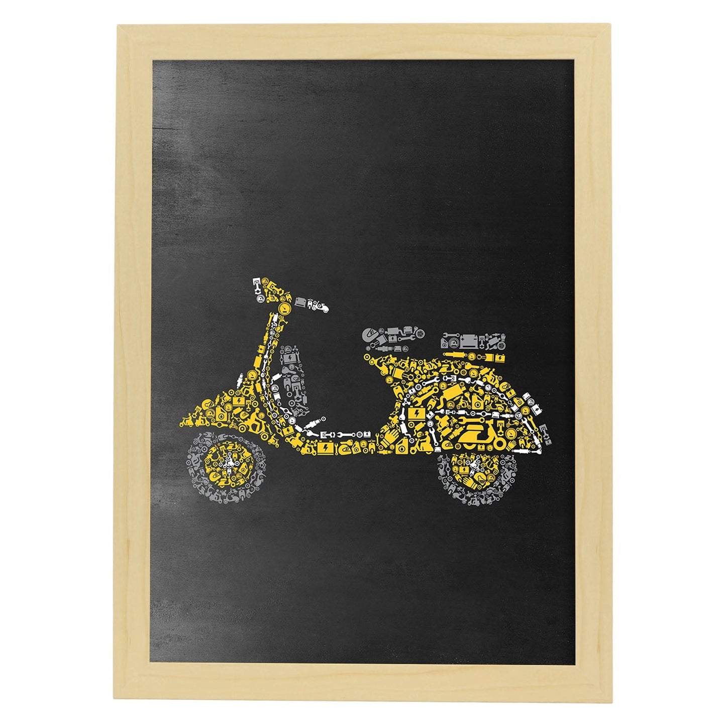 Lámina en amarillo y gris Vespa amarilla en Poster con fondo negro estilo pizarra. Papel 250 gr-Artwork-Nacnic-A3-Marco Madera clara-Nacnic Estudio SL