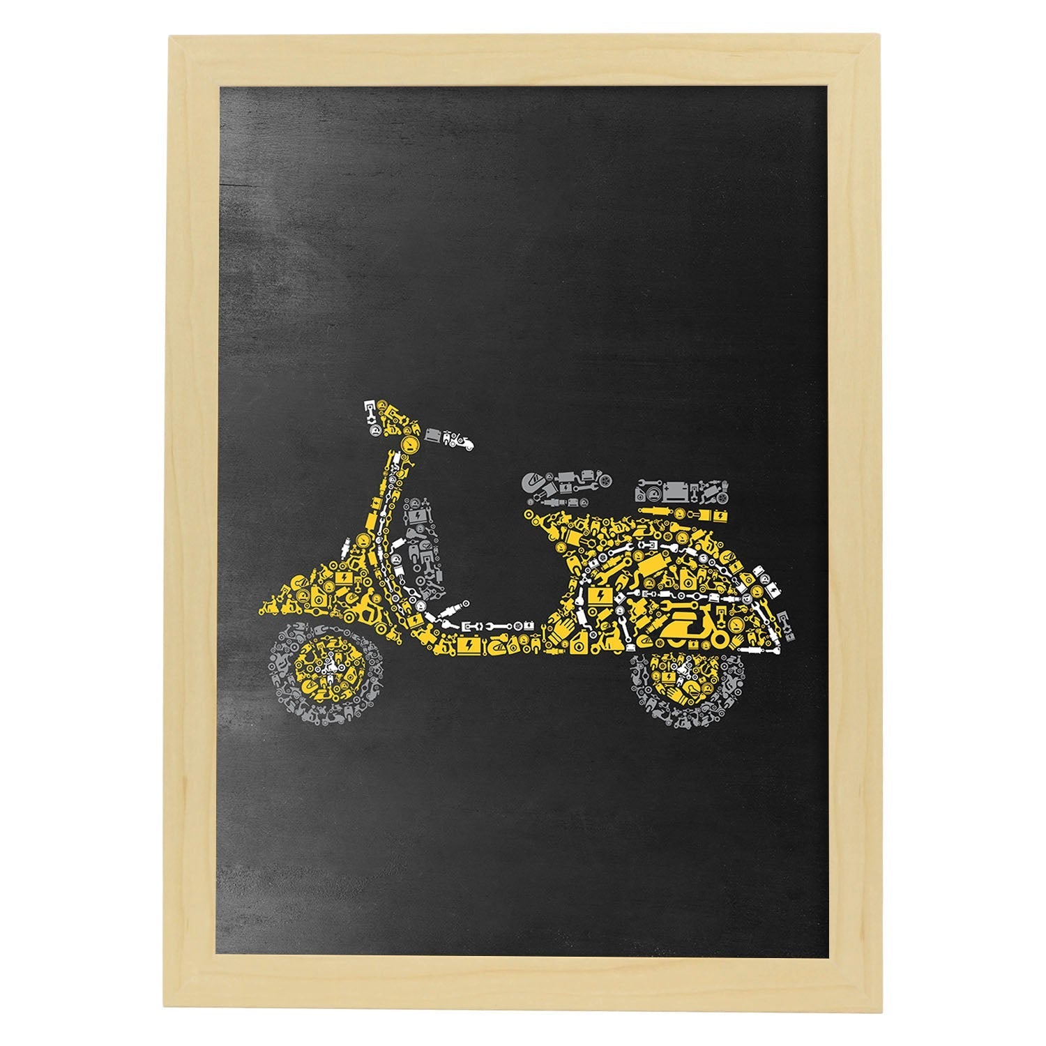 Lámina en amarillo y gris Vespa amarilla en Poster con fondo negro estilo pizarra. Papel 250 gr-Artwork-Nacnic-A4-Marco Madera clara-Nacnic Estudio SL