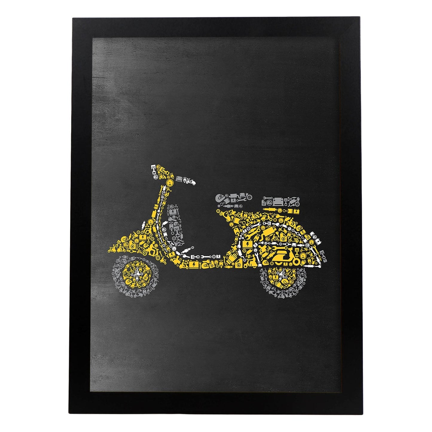 Lámina en amarillo y gris Vespa amarilla en Poster con fondo negro estilo pizarra. Papel 250 gr-Artwork-Nacnic-A4-Marco Negro-Nacnic Estudio SL