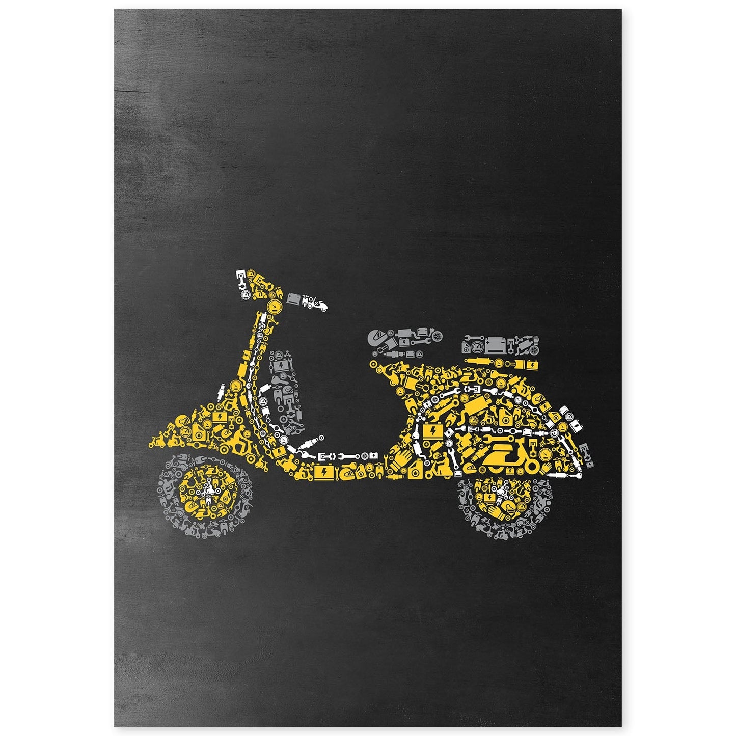 Lámina en amarillo y gris Vespa amarilla en Poster con fondo negro estilo pizarra. Papel 250 gr-Artwork-Nacnic-A4-Sin marco-Nacnic Estudio SL
