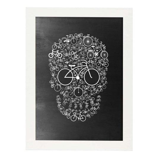 Lámina en blanco y negro calavera La vida en bici en Poster con fondo negro estilo pizarra. Papel 250 gr y tintas de alta calidad.-Artwork-Nacnic-A4-Marco Blanco-Nacnic Estudio SL