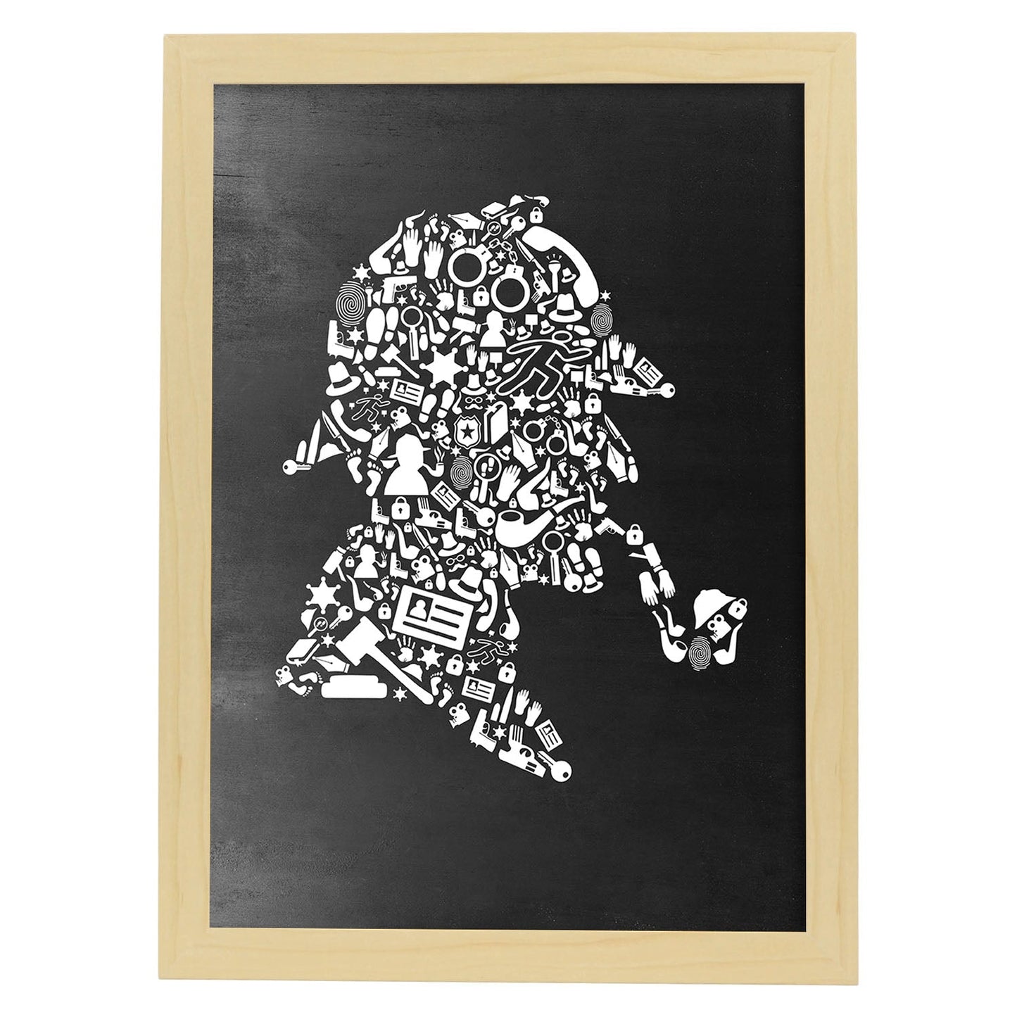 Lámina en blanco y negro Sherlock Holmes en Poster con fondo negro estilo pizarra. Papel 250 gr-Artwork-Nacnic-A4-Marco Madera clara-Nacnic Estudio SL