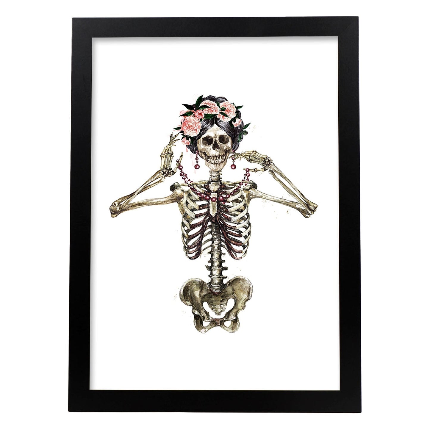 Lámina Esqueleto Chica con Flores. Posters con imágenes de Calaveras.-Artwork-Nacnic-A3-Marco Negro-Nacnic Estudio SL