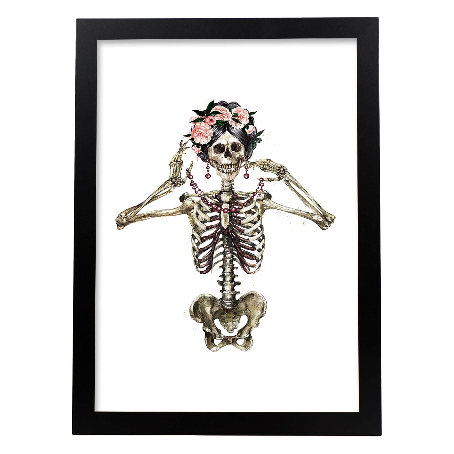 Lámina Esqueleto Chica con Flores. Posters con imágenes de Calaveras.-Artwork-Nacnic-A3-Marco Negro-Nacnic Estudio SL