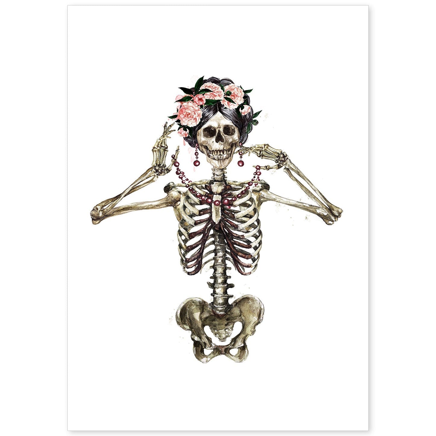 Lámina Esqueleto Chica con Flores. Posters con imágenes de Calaveras.-Artwork-Nacnic-A4-Sin marco-Nacnic Estudio SL