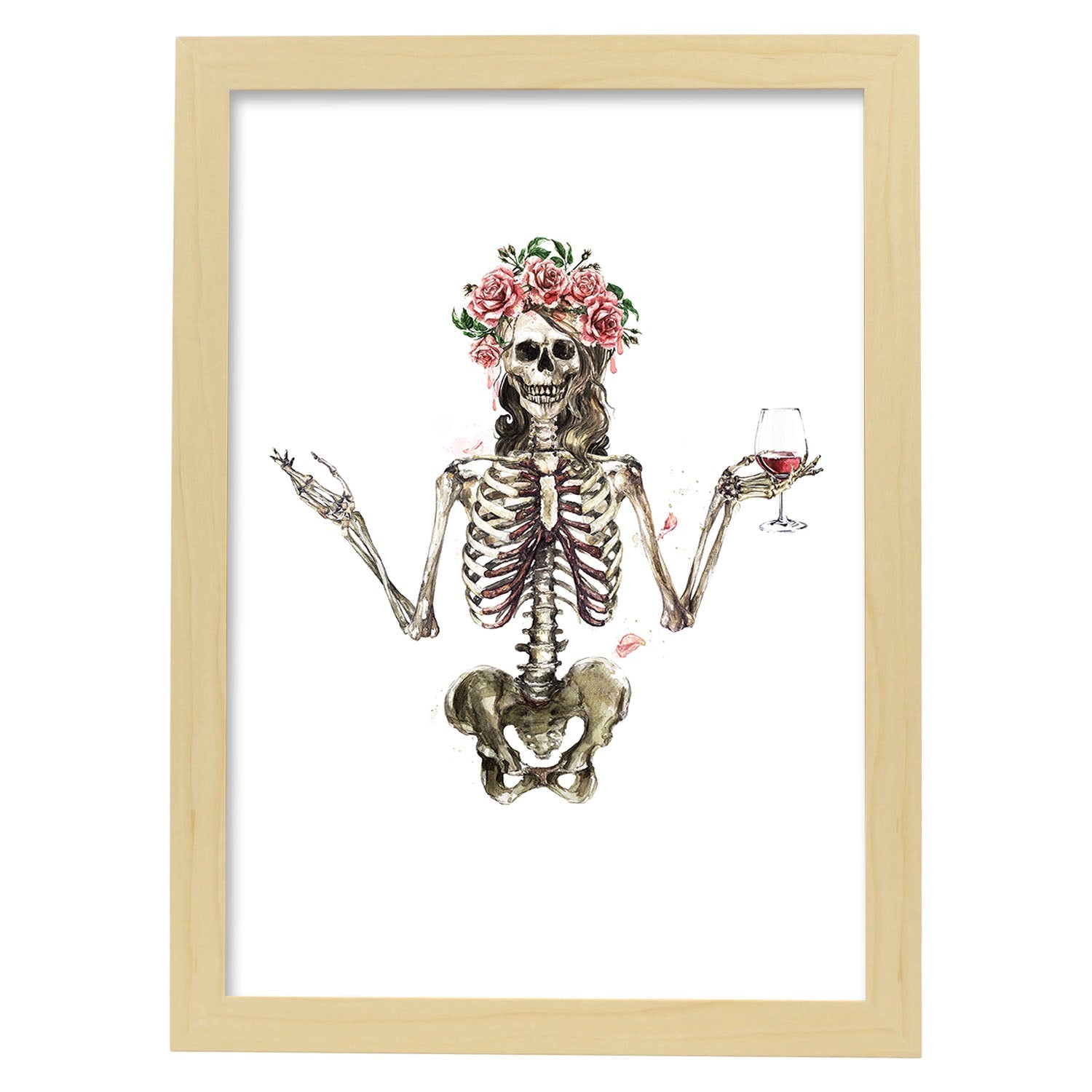 Lámina Esqueleto Chica con Vino y Flores. Posters con imágenes de Calaveras.-Artwork-Nacnic-A3-Marco Madera clara-Nacnic Estudio SL