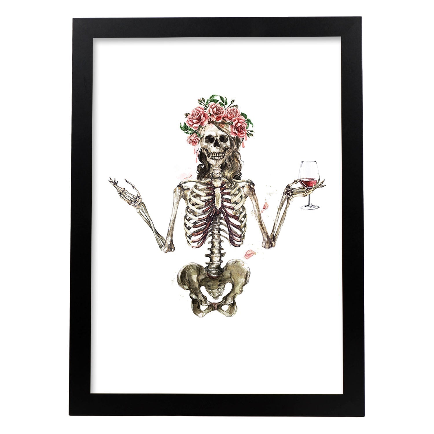 Lámina Esqueleto Chica con Vino y Flores. Posters con imágenes de Calaveras.-Artwork-Nacnic-A3-Marco Negro-Nacnic Estudio SL